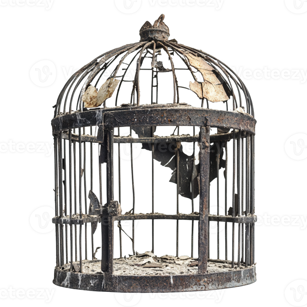 Rusted and Broken Birdcage with Significant Corrosion and Debris png