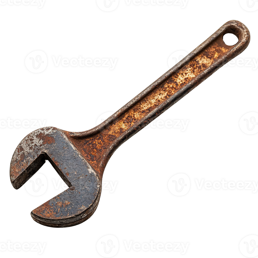 Old Rusty Adjustable Wrench with Corrosion and Worn Isolated on Transparent Background png