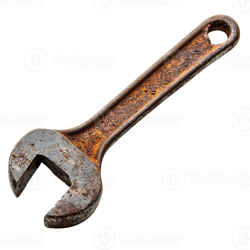 Rusty Adjustable Wrench with Extensive Corrosion and Worn on Transparent Background png