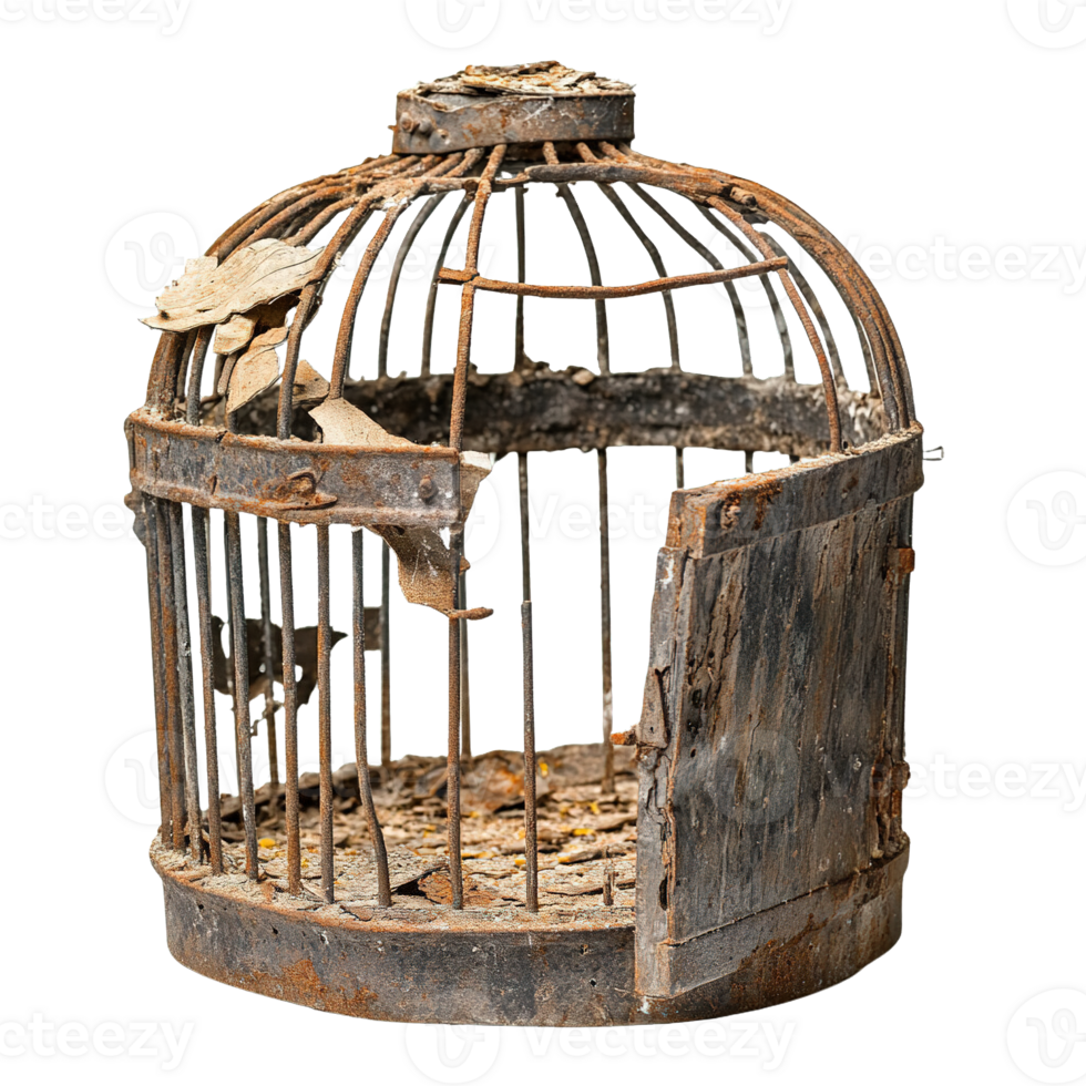 Antique Rusted Birdcage with Extensive Damage on Transparent Background png