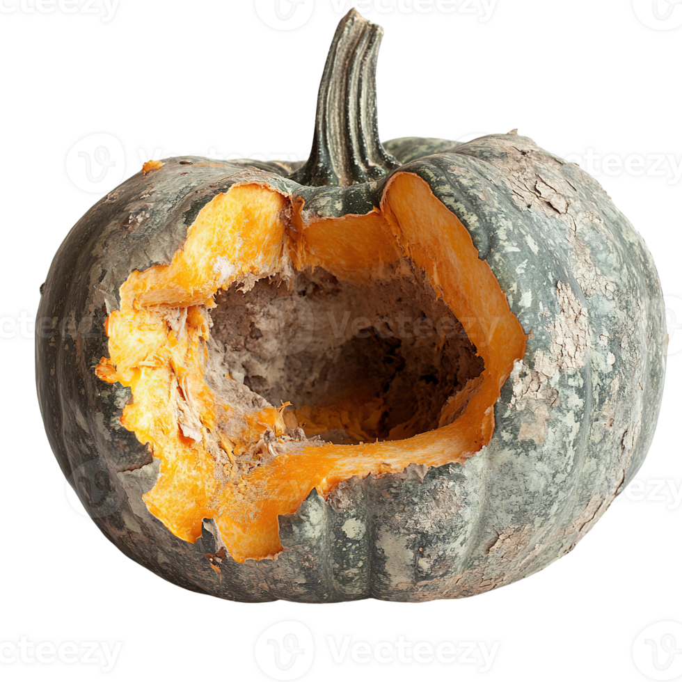 Rot-Infested Pumpkin with Cracked Shells and Collapsing Forms on Transparent Background png