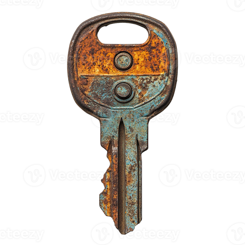 Rusty Key with Extensive Corrosion, Circular Indentations, and Discolored Surface png