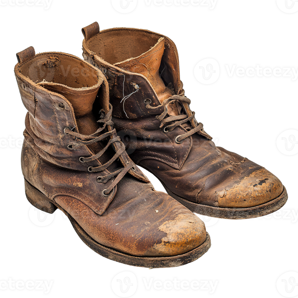 Heavily Worn Brown Leather Boots with Scuffed Toes and Frayed Laces on Transparent Background png