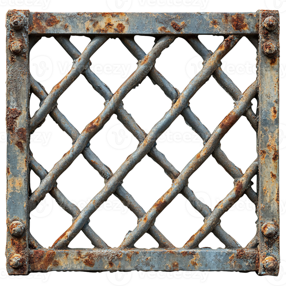 Weathered Steel Fence Highlighting Twisted Bars and Decay png
