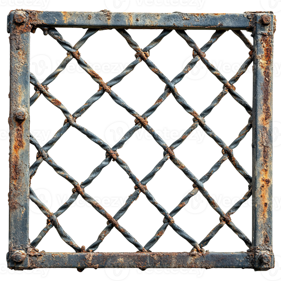 Rusty Metal Fence Showcasing Distorted Bars and Worn Surfaces png