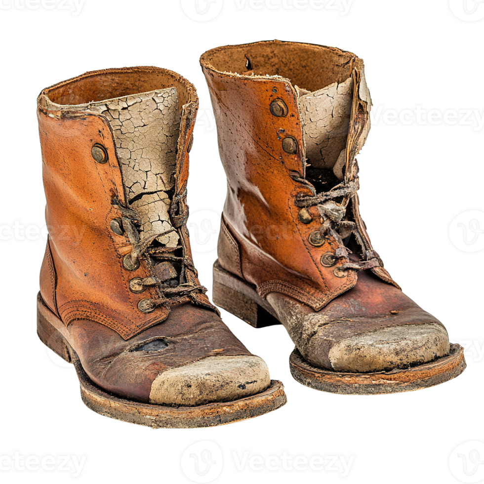 Rustic Brown Leather Boots with Visible Scuffs, Creased Leather, and Frayed Laces png