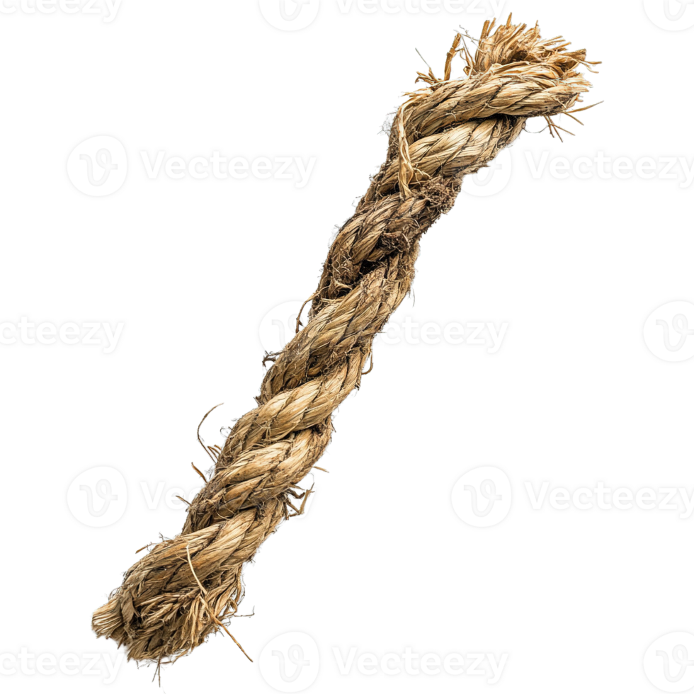 Weathered Natural Fiber Rope with Frayed Ends and Thick Braided Structure on Transparent Background png