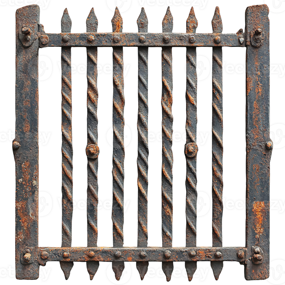 Timeworn Metal Fence with Intricate Twisting and Rustic Patina png