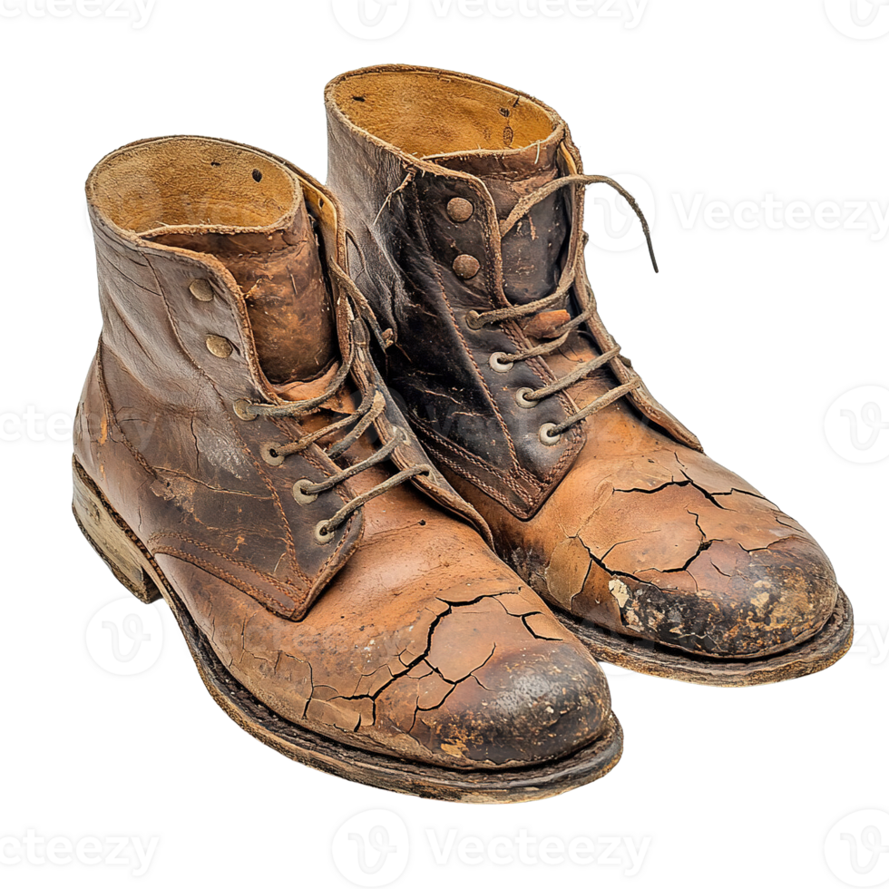 Heavily Used Brown Leather Boots with Scuffed Toes, Creased Leather, and Worn Soles png