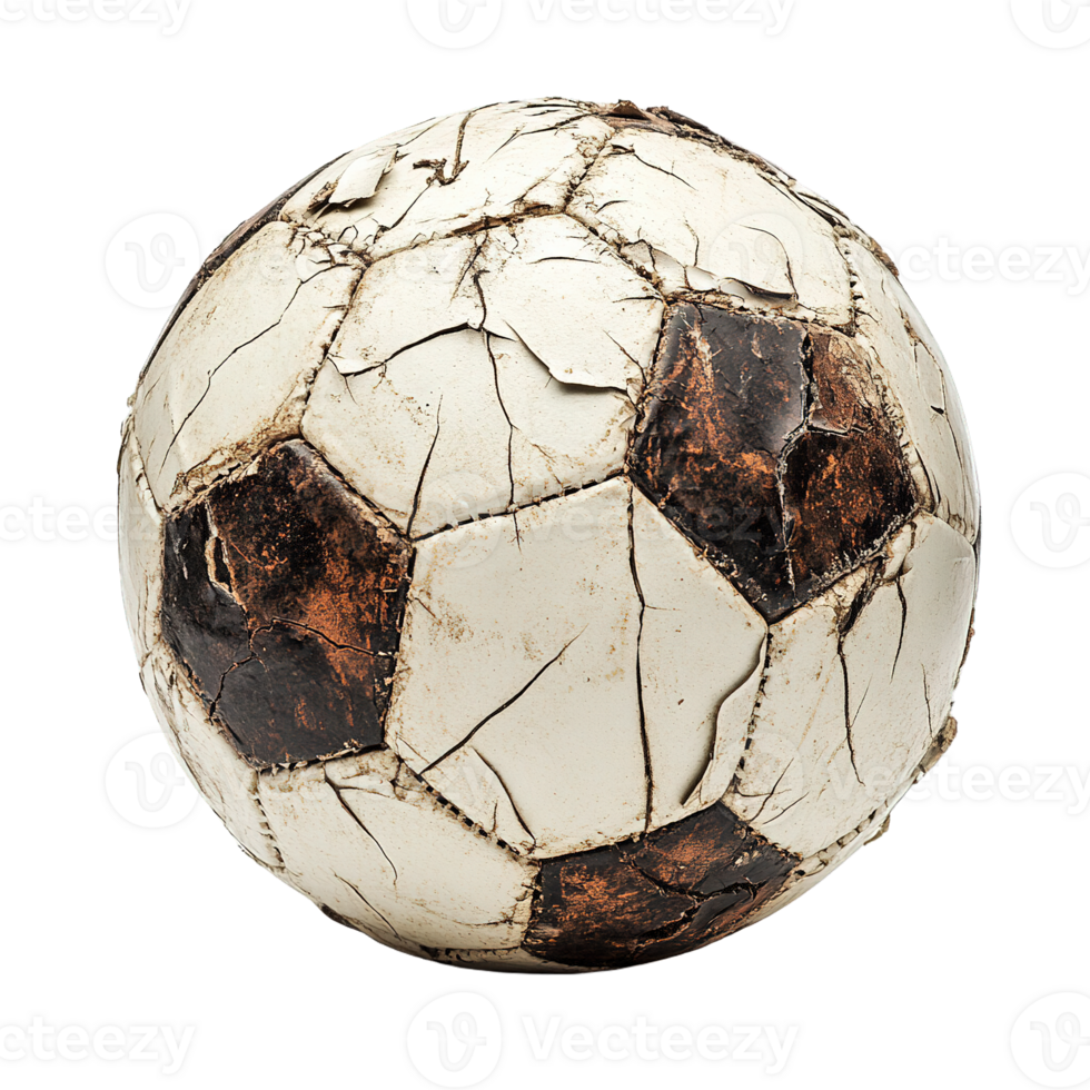 Heavily Used Soccer Ball with Cracked and Deteriorated Panels on Transparent Background png