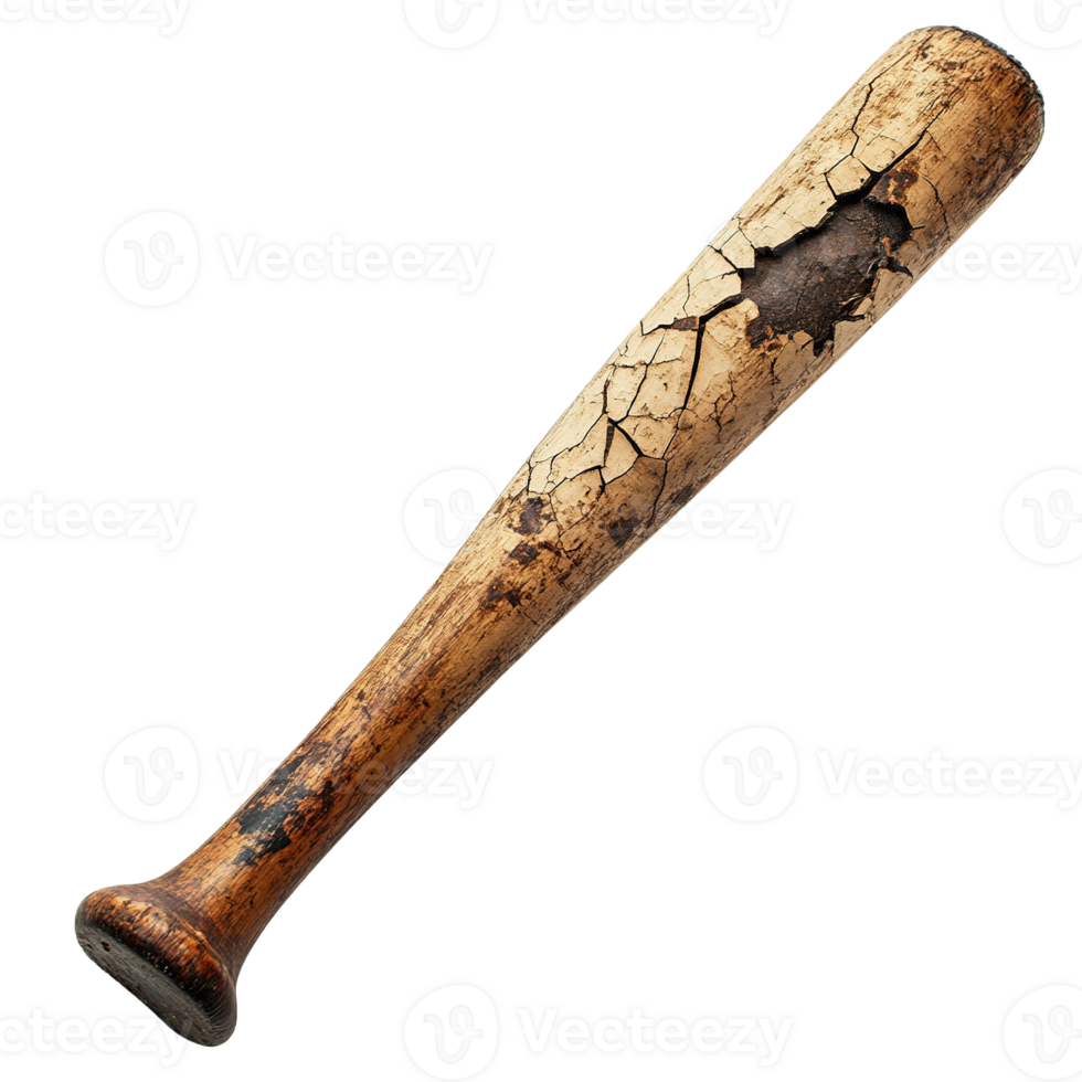 Aged and Worn Wooden Baseball Bat with Significant Splintering and Cracks png