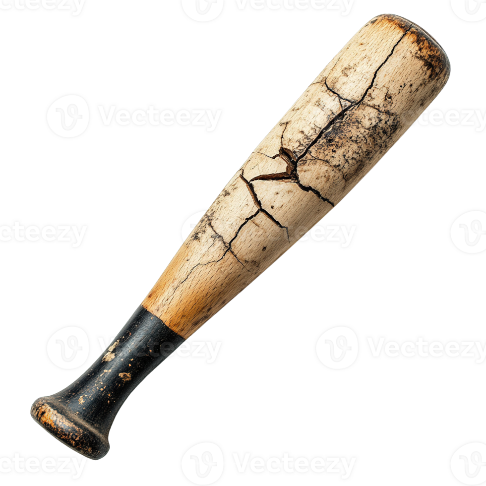 Heavily Damaged Wooden Baseball Bat with Large Crack and Splintering Wood on Transparent Background png