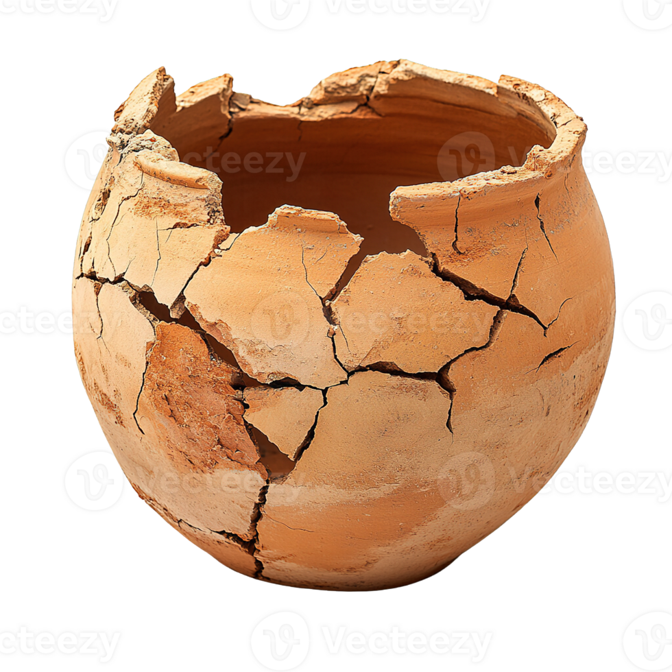 Smashed Clay Pot with Cracked Surface and Rough Texture Isolated on Transparent Background png