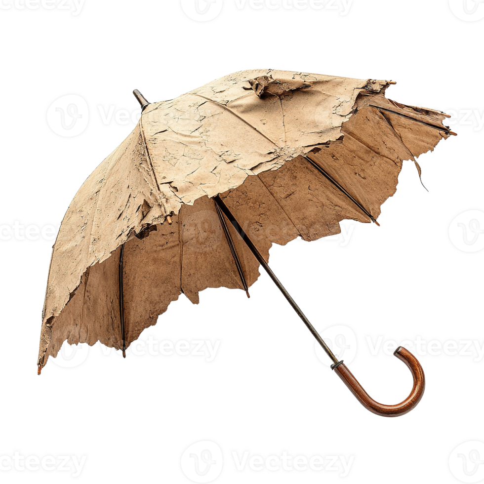 Heavily Worn Out Umbrella with Missing Fabric and Exposed Metal Ribs, Featuring Wooden Handle png