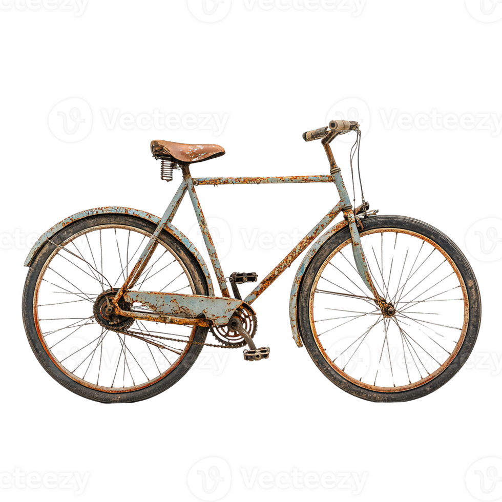 Heavily Rusted Classic Bicycle with Light Blue Frame and Worn Brown Seat png
