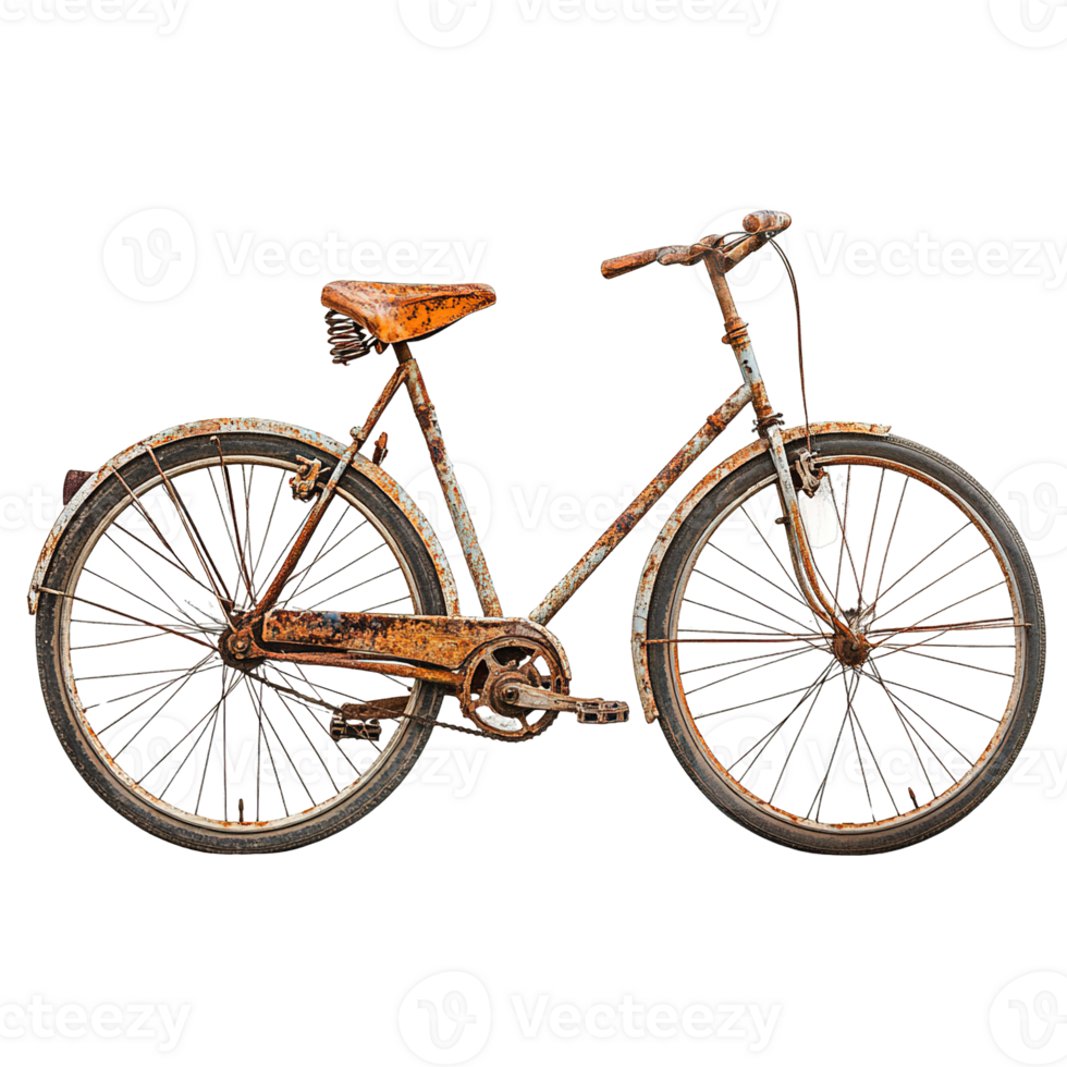 Aged and Rusty Bicycle with Corroded Metal Parts, and Worn Components on Transparent Background png