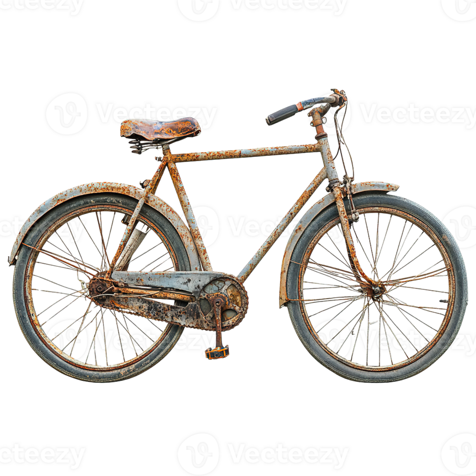 Weathered Bicycle with Rusted Frame, Wheels, and Worn-Out Tires on Transparent Background png
