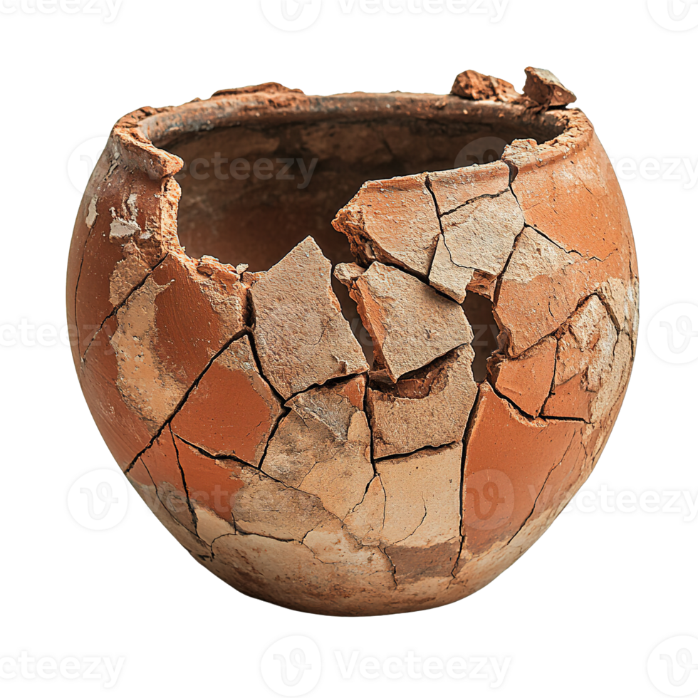 Damaged Clay Pot with Cracks and Fragmented Surface on Transparent Background png
