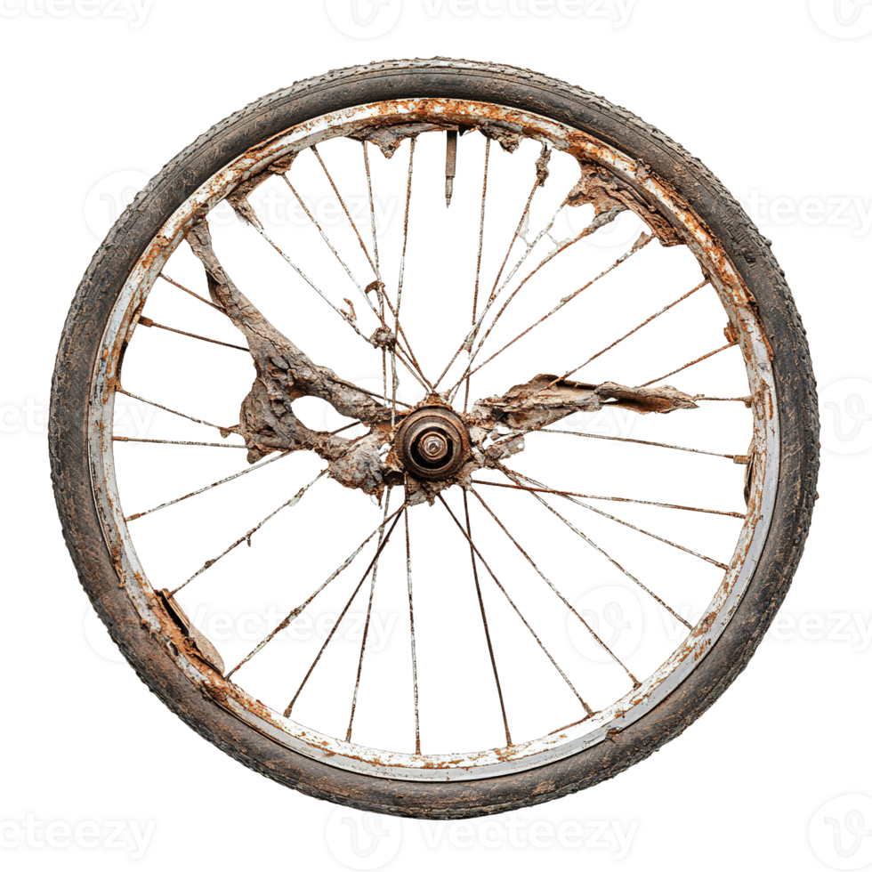 Heavily Rusted Bicycle Wheel with Broken and Missing Spokes on Transparent Background png