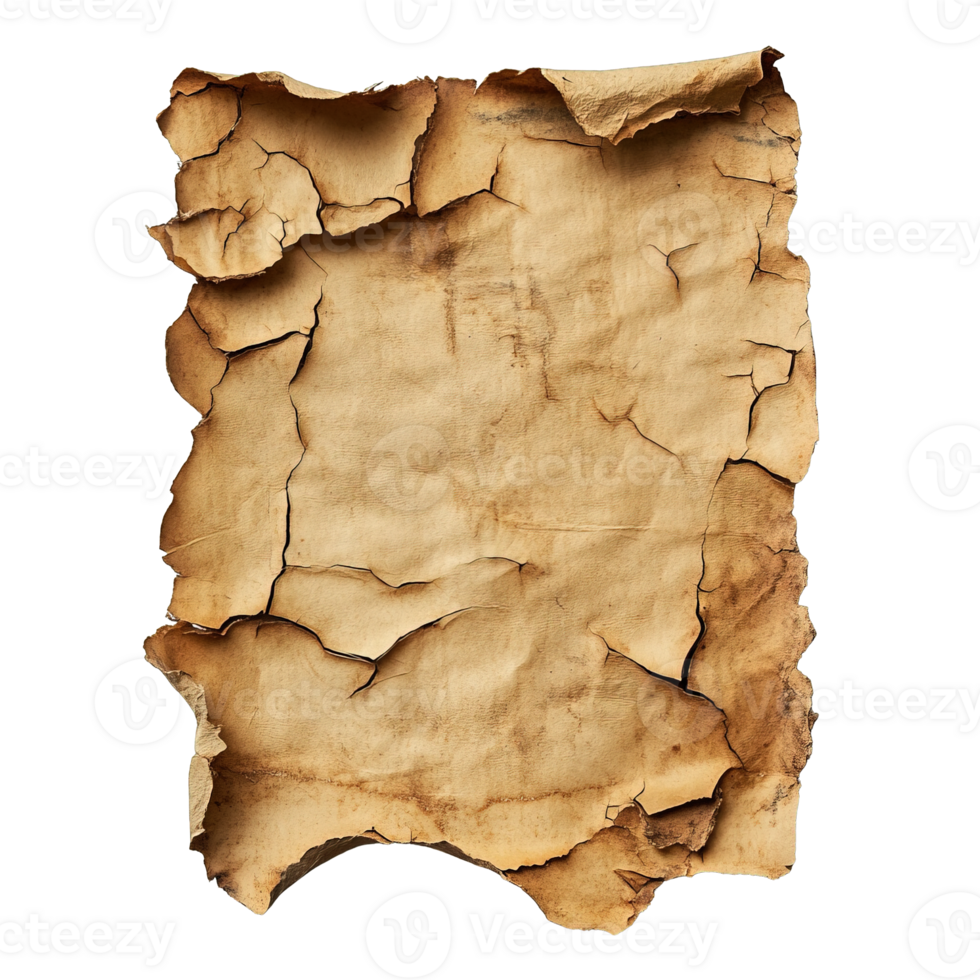 Aged and Torn Parchment Paper with Frayed Edges, Creases, and Weathered Look png