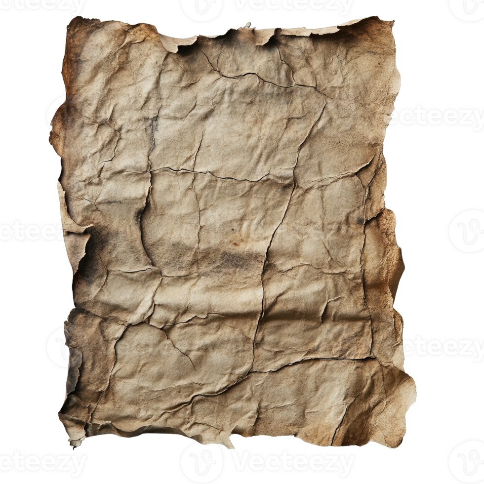 Antique Parchment Paper with Extensive Creases, Frayed Edges, and Weathered Texture png