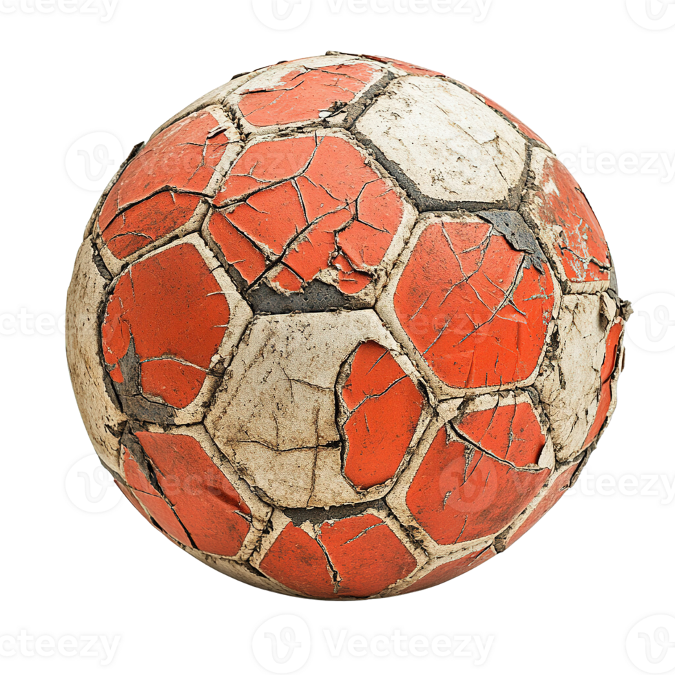 Worn-Out Soccer Ball with Red and White Panels Isolated on Transparent Background png