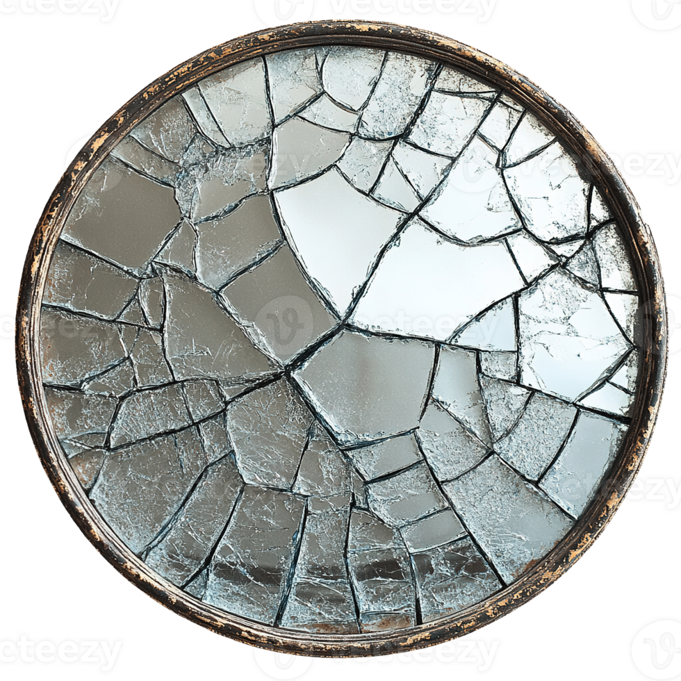 Broken Round Mirror with Central Cracks and Thin Weathered Metal Frame png