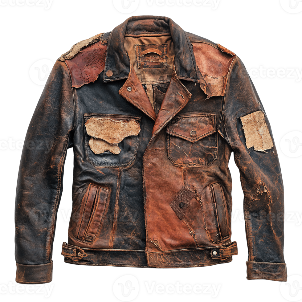 Heavily Distressed Leather Jacket with Visible Damage, and Patch on Transparent Background png