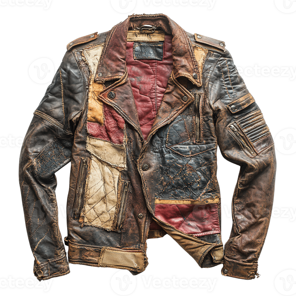 Rugged Leather Biker Jacket with Large Holes, Frayed Patches, and Metal Snaps on Transparent Background png