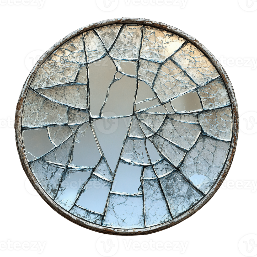 Fractured Round Mirror with Radiating Cracks and Thin Metal Frame on Transparent Background png