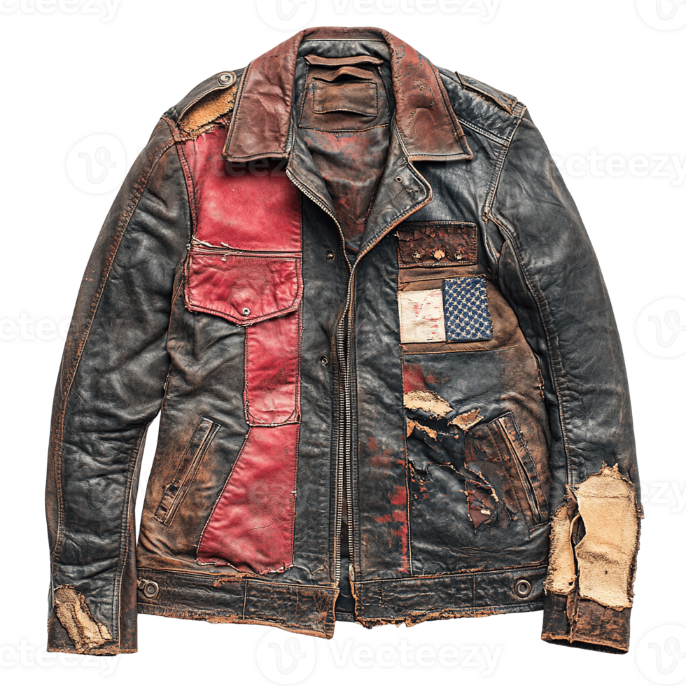 Worn Leather Jacket with Frayed Patches, and Rugged Aesthetic Isolated on Transparent Background png