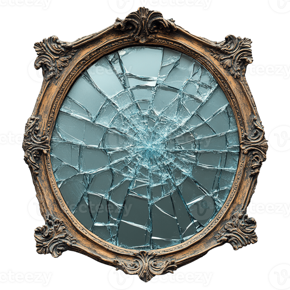 Elegant Antique Mirror with Cracked Glass and Detailed Floral Frame png