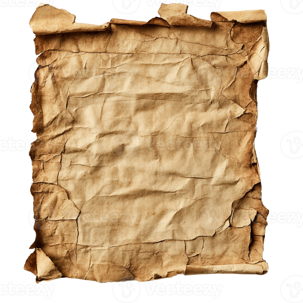 Weathered and Torn Parchment Paper with Darkened Areas and Frayed Edges png