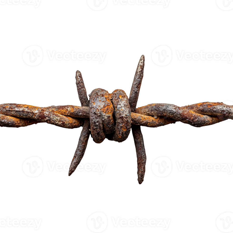 Close-Up of Heavily Corroded Barbed Wire with Sharp, Twisted Barbs and Visible Rust on Transparent Background png