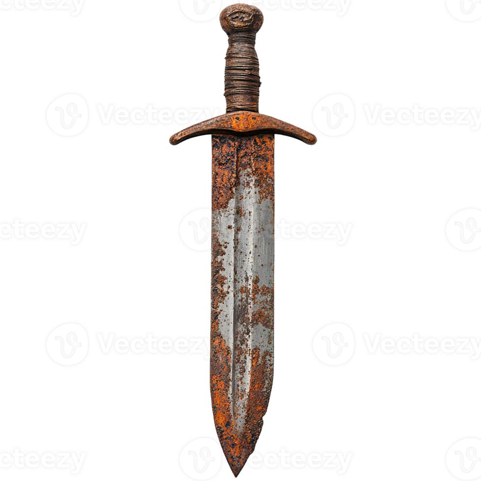 Heavily Rusted Sword with Corroded Double-Edged Blade and Worn Hilt Isolated on Transparent Background png