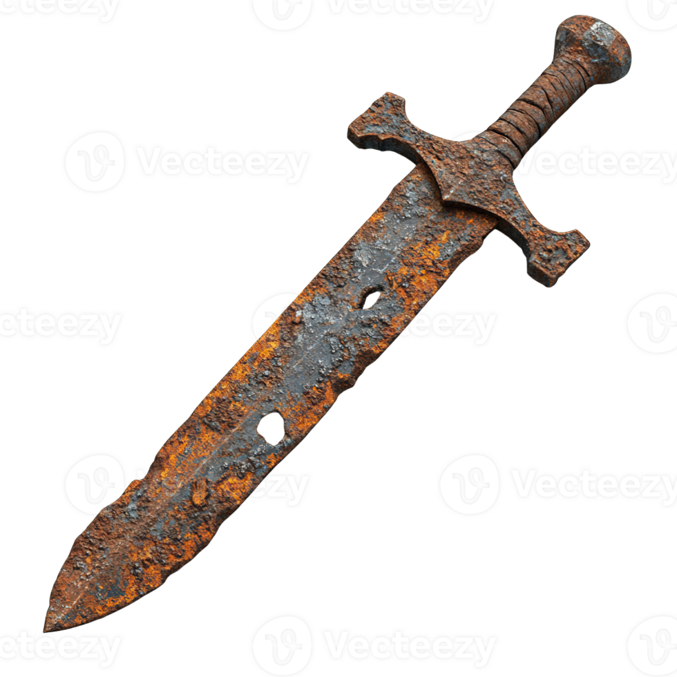 Close-Up of an Aged Sword with Extensive Rust and Weathered Handle Isolated on Transparent Background png