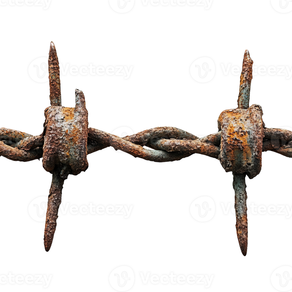 Intricate Close-Up of Rusty Barbed Wire with Sharp Twisted Barbs and Corroded Surface png