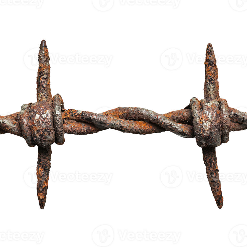 Close-Up of Weathered Barbed Wire with Heavy Rust, Twisted Metal, and Sharp Barbs on Transparent Background png