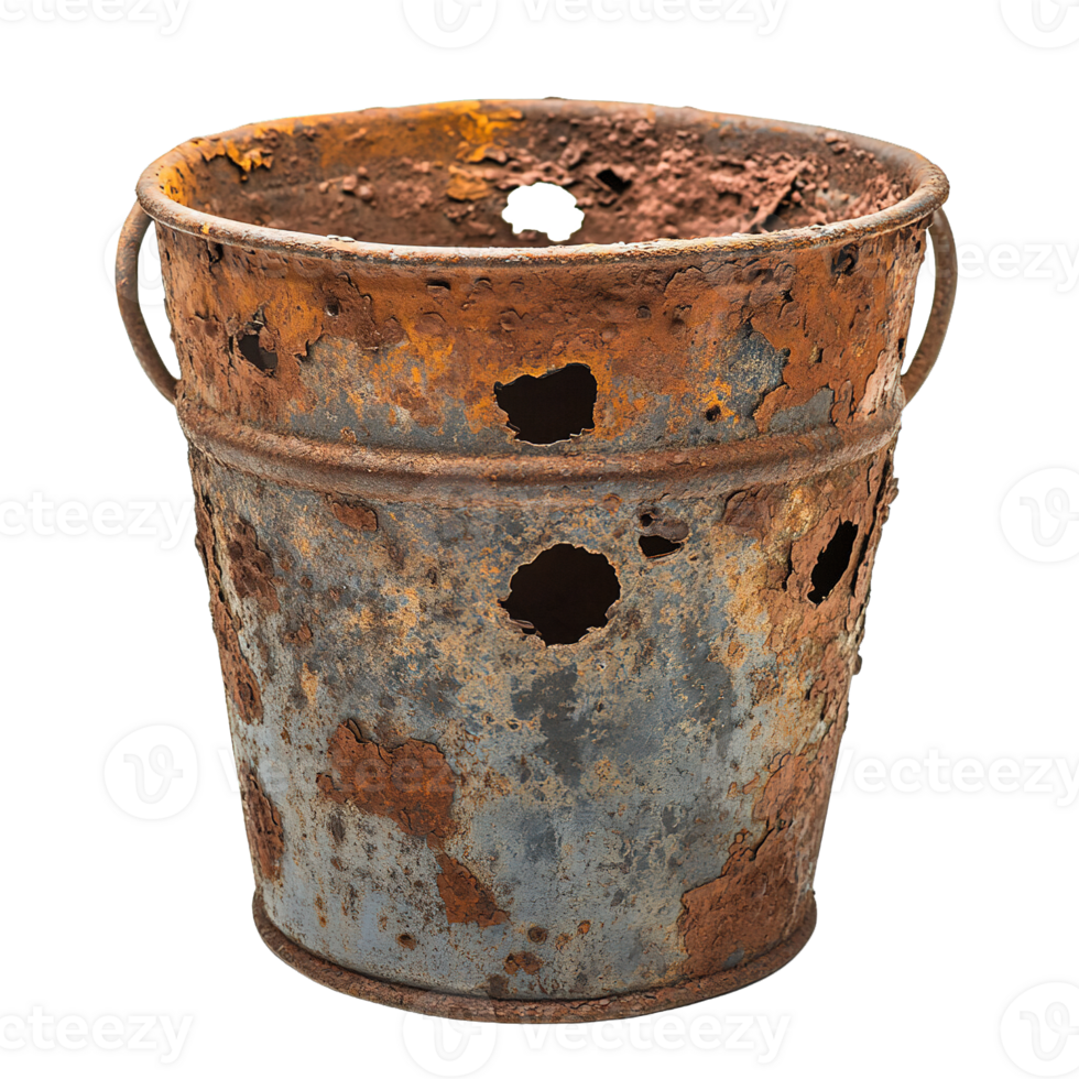 Antique Bucket with Significant Rust Damage and Perforations Isolated on Transparent Background png