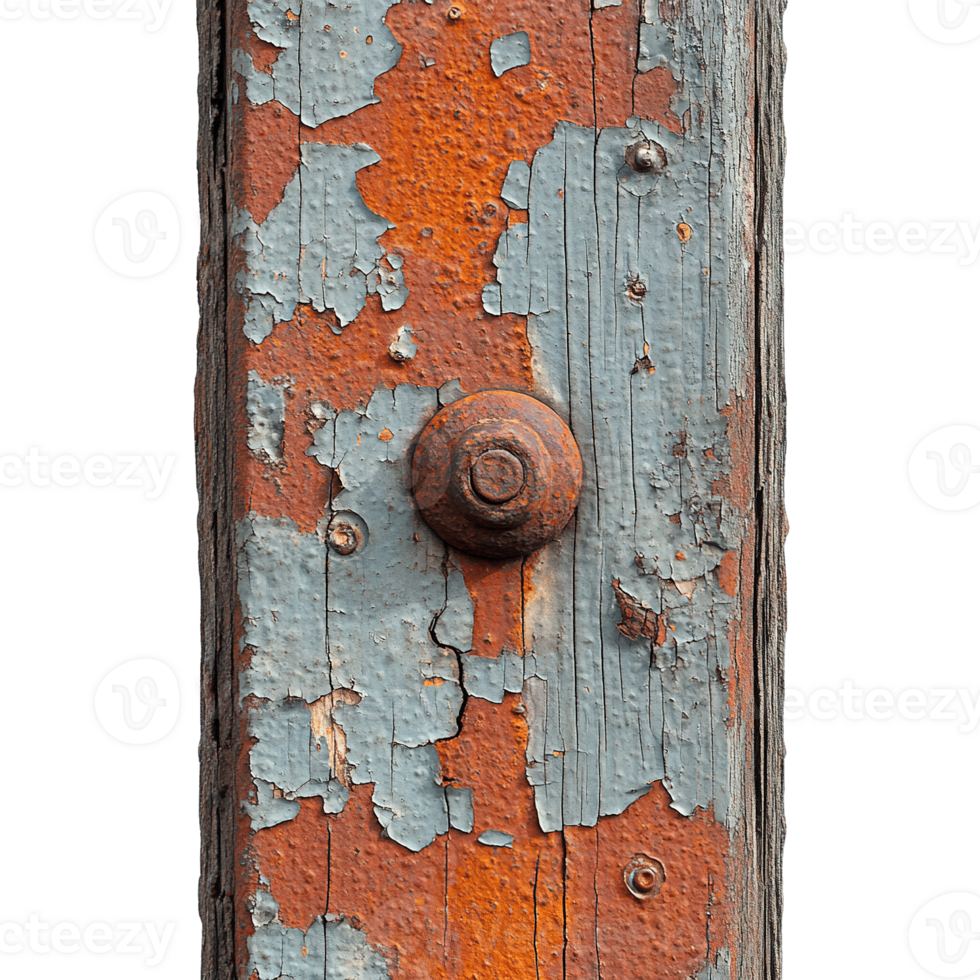 Aged and Decayed Metal Column with Rust Textures and Weathered Paint Isolated on Transparent Background png
