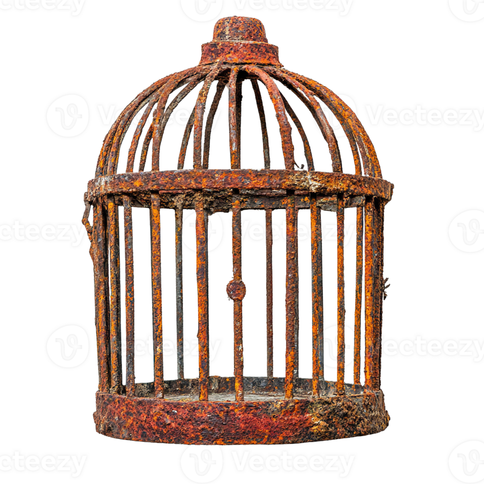 Antique Birdcage with Extensive Rust and Signs of Disrepair Isolated on Transparent Background png