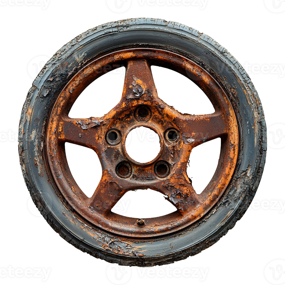 Old Rusty Car Rim with Crumbling Metal and Faded Colors on Transparent Background png
