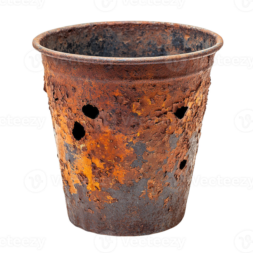 Weathered Metal Bucket Featuring Deep Rust and Multiple Holes Isolated on Transparent Background png