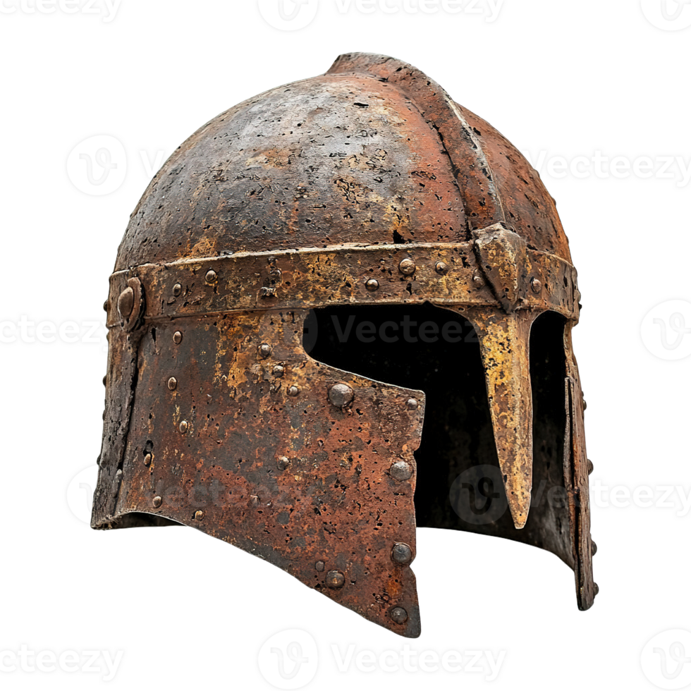 Heavily Corroded Medieval Helmet with Prominent Cross Design, and Rusted Surface png