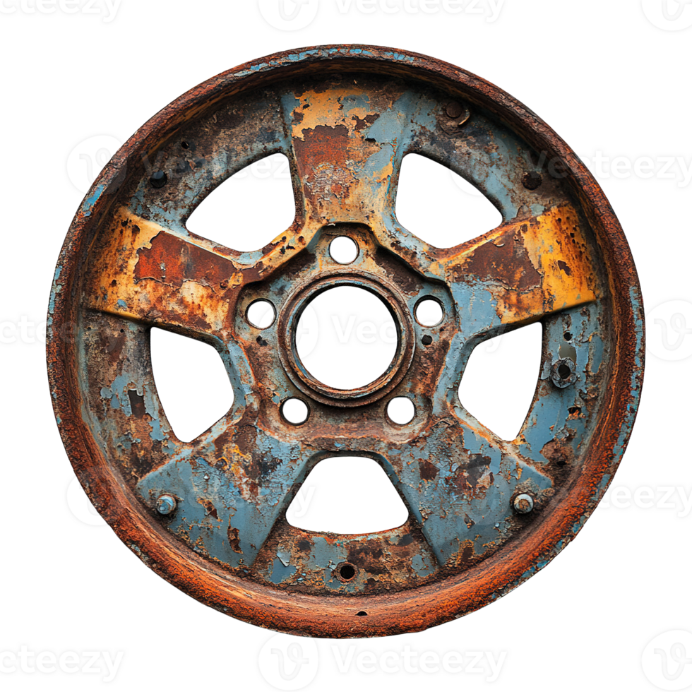 Aged Vehicle Rim Featuring Rust Patterns and Industrial Decay png