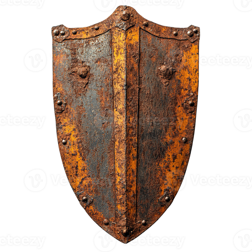 Battle-Worn Medieval Shield Covered in Rust and Oxidized Layers Isolated on Transparent Background png