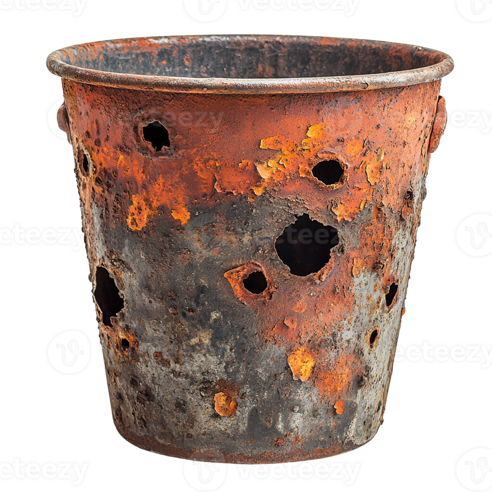 Vintage Bucket Covered in Rust and Large Corrosion Holes Isolated on Transparent Background png