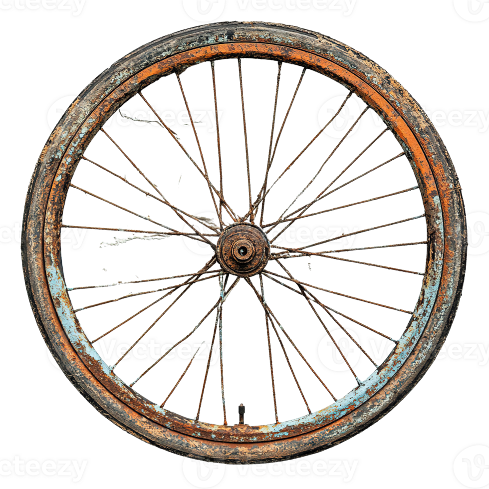 Close-Up of an Old Bicycle Wheel with Extensive Rust and Weathering png