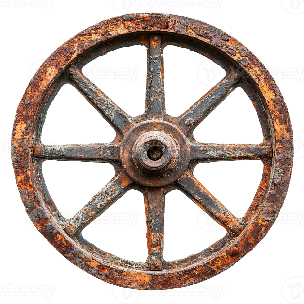 Decayed Metal Spoked Wheel with Rust and Corrosion in Detail Isolated on Transparent Background png