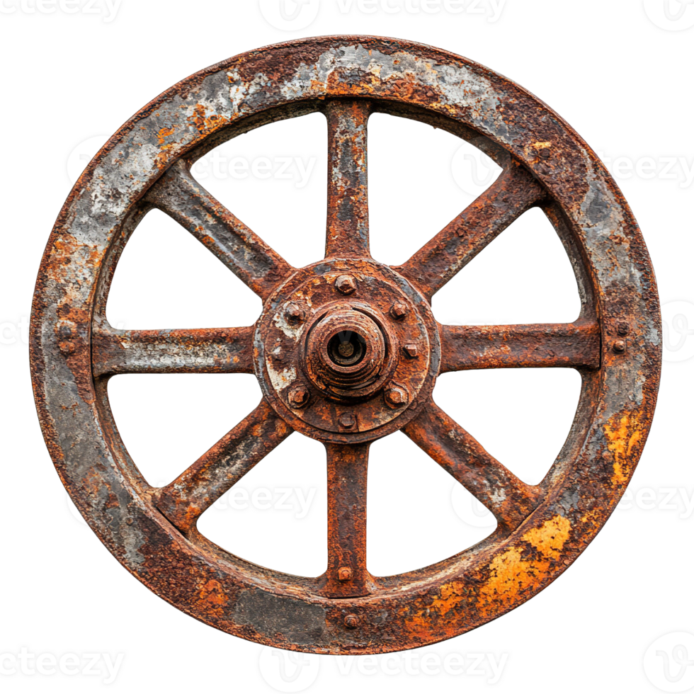 Antique Rusty Wheel with Circular Frames and Damaged Texture Isolated on Transparent Background png